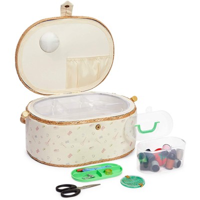 Juvale Vintage Sewing Basket Organizer with Sewing Kit Accessories, Oval Shaped (13 x 9 x 6 Inches)