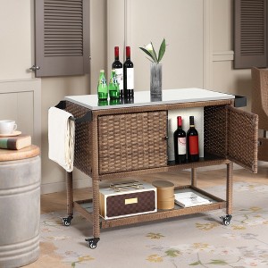 Outdoor Wicker Bar Cart, Patio Wine Serving Cart with Stainless Steel Top, Beverage Bar Prep Table with Storage & Wheel for Backyard Poolside Garden - 1 of 4