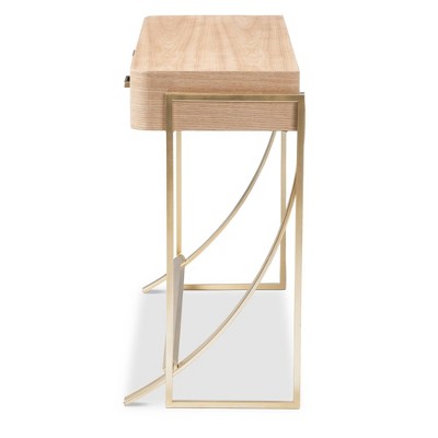 Light Brown and Gold Wood Metal Hallway Table with Storage