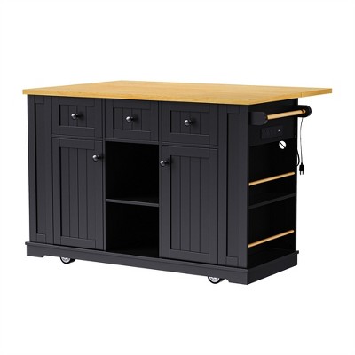 OUTSUPPLY Large Kitchen Island, Drop Leaf, 5 Wheels, Internal Door Racks & Storage, Mobile Cart for Kitchen Dining Room