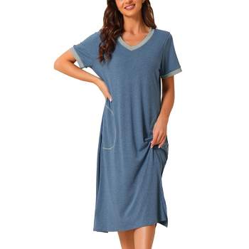 cheibear Women's V Neck Nightshirt Long Basic Slit Nightgown Short Sleeve Sleepshirt with Pockets