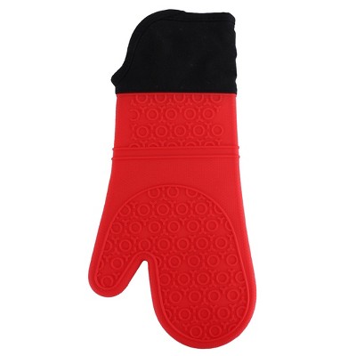 PiccoCasa Cooking Grilling Heat Resistant Nonslip Silicone Cotton Blends Kitchen Gloves 14.7"x7.3"x 0.4" Red Black 1 Pc