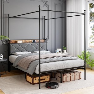 Garvee Queen Canopy Bed Frame, Upholstered Headboard with Storage and Charing Station, Tufted Design, No Box Spring Needed, Easy Assembly, Gray - 1 of 4