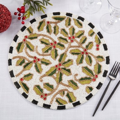 Festive Holly Leaves Beaded Round Placemats Set of 4