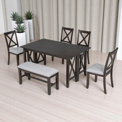 Modern 6-Piece Foldable Dining Set with Upholstered Chairs and Bench, Solid Wood Dining Table for Kitchen or Dining Room