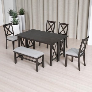 Modern 6-Piece Foldable Dining Set with Upholstered Chairs and Bench, Solid Wood Dining Table for Kitchen or Dining Room - 1 of 4