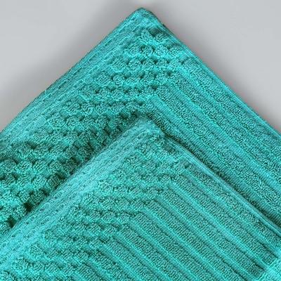 Turquoise Cotton Ribbed Checkered Border 3 Piece Towel Set