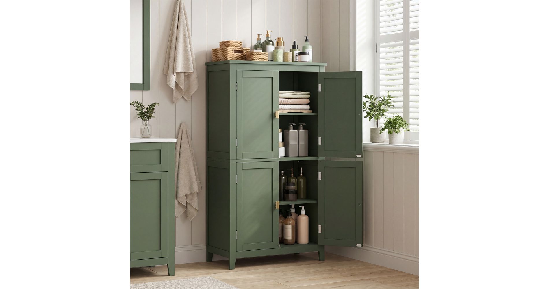 LEDREM Bathroom Cabinet, Kitchen Storage Cupboard, 4 Doors, Adjustable Shelves, Bathroom Organizer, Green