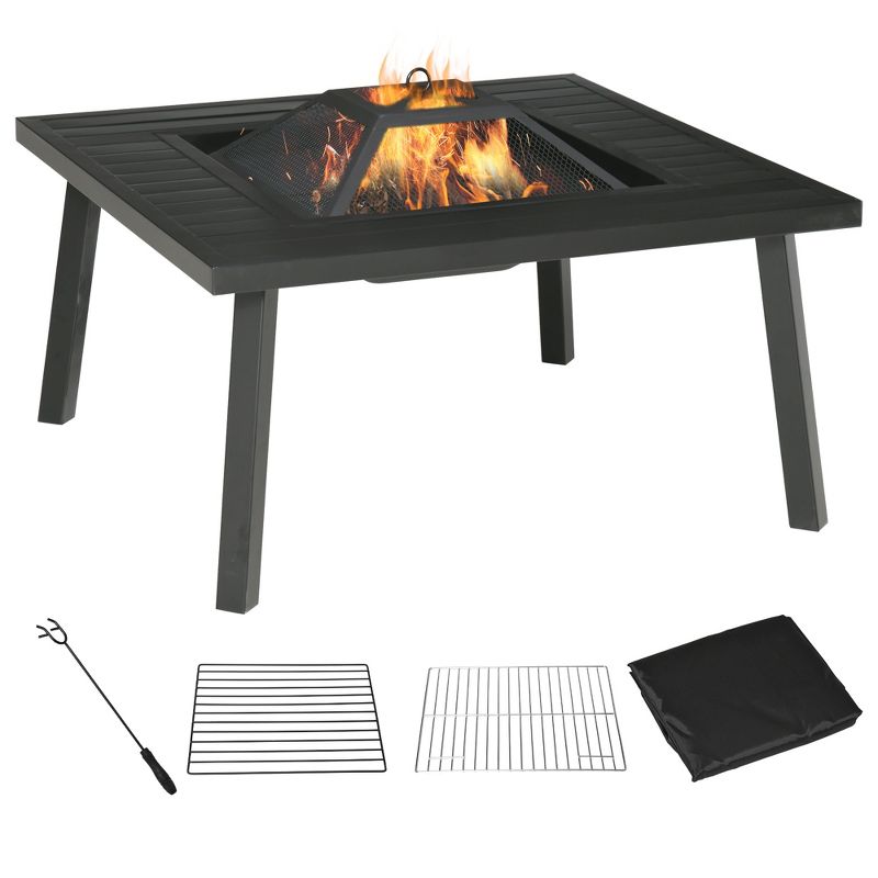 Outsunny 34" Fire Pit with Grill, Square Metal Outdoor Wood Burning Fire Pit with Spark Screen, Fire Poker, Cover, Table Lip, Black, 1 of 7