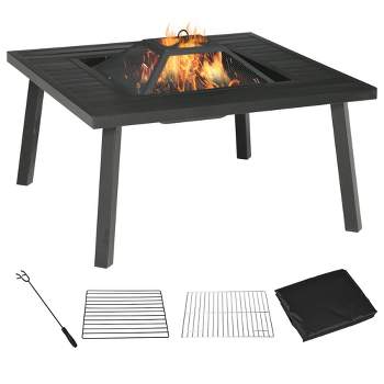 Outsunny 34" Fire Pit with Grill, Square Metal Outdoor Wood Burning Fire Pit with Spark Screen, Fire Poker, Cover, Table Lip, Black