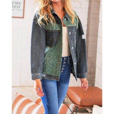 Women's Black/Green Leopard Distressed Washed Denim Jacket - Haptics