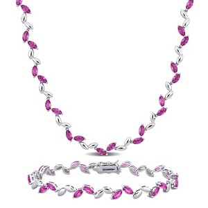 EVERLY JEWELRY | Sterling Silver 29 7/8ct TGW Created Pink Sapphire Leaf Necklace and Bracelet - 1 of 4