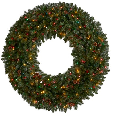 Nearly Natural 5-ft Giant Flocked Artificial Christmas Wreath with 280 Multicolored Lights, Glitter and Pine Cones