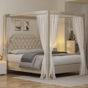 Full/Queen Size Upholstered Canopy Bed Frame w/ Headboard, Button Tufted Design, Linen Fabric, Dark Gray/Beige - 1 of 4