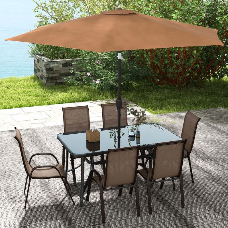 Outsunny 8 Piece Patio Furniture Set with Umbrella, Outdoor Dining Table and Chairs, 6 Chairs, Push Button Tilt and Crank Parasol, Glass Top, Brown, 3 of 7