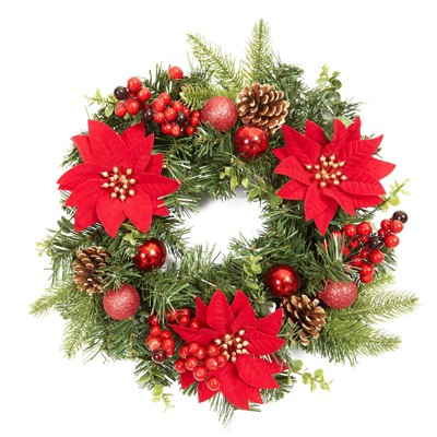 16 Inch Christmas Wreath for Front Door Decor - Luxury Xmas Wreath with Glitter Balls, Poinsettia Flowers