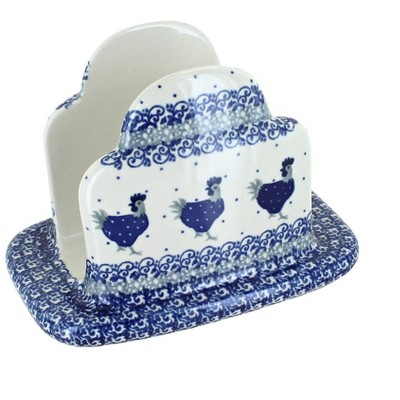 Blue Rose Polish Pottery Barnyard Rooster Napkin Holder