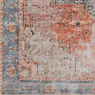 Vintage Blue and Rust Chenille Polyester Washable Area Rug