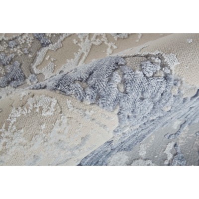 Ivory and Blue Abstract Synthetic Runner Rug