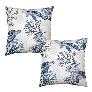 Nautical Coastal Outdoor Pillow Covers 18x18 Set of 2 Ocean Coral Sea Turtle Seashell Throw Pillow Covers - 1 of 4