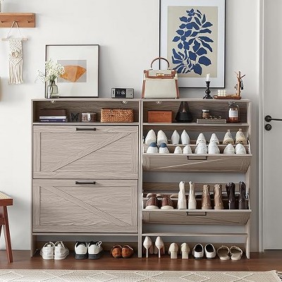 Gericco Shoe Storage Cabinet with 2 Flip Drawers,Farmhouse Narrow Shoe Organizer with Legs, Grey,2PCS
