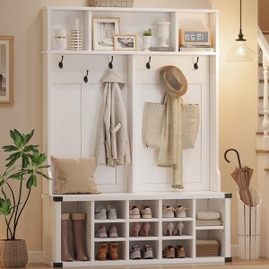 Coolmee 76 inch Hall Tree with Bench and Shoe Storage, Farmhouse 4-in-1 Entryway Bench with Coat Rack and 6 Hooks, Adjustable Shelf, Mudroom Bench - 1 of 4