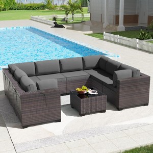 ALAULM Outdoor Patio Furniture Set Outdoor Sectional Rattan Sofa Set Brown Manual Wicker Patio Conversation Set with Cushions - 1 of 4