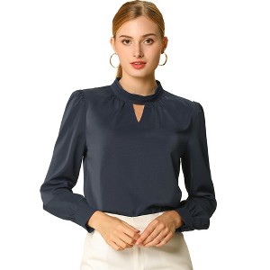 INSPIRE CHIC Women's Office Keyhole Elegant Stand Collar Long Sleeve Back Neck Button Blouse - 1 of 4