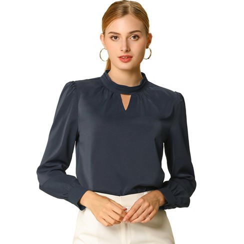 Allegra K Women's Office Keyhole Elegant Stand Collar Long Sleeve Chiffon  Blouses Navy Blue X-large : Target