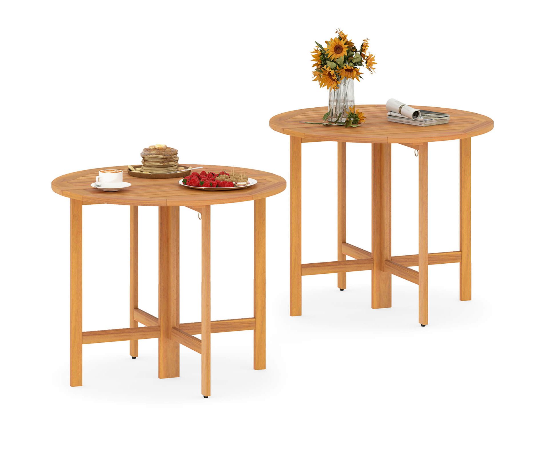 Costway 2PCS 36" Outdoor Folding Round Dining Table with  Slatted Tabletop for Backyard