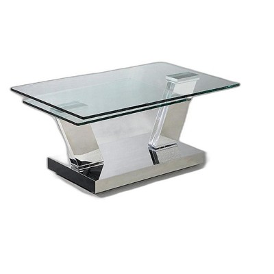 HomeRoots 32" Clear And Silver Glass And Stainless Steel Floor Shelf Coffee Table