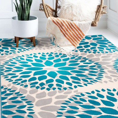 Blue Floral Synthetic Easy Care Area Rug 7'6" x 9'5"