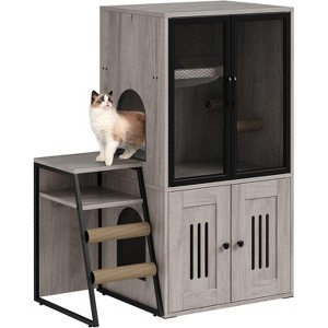 Hidden Litter Box Furniture, 2 Tier Enclosed Litter Box Furniture with Doors, Hidden Storage and Ladder - 1 of 4