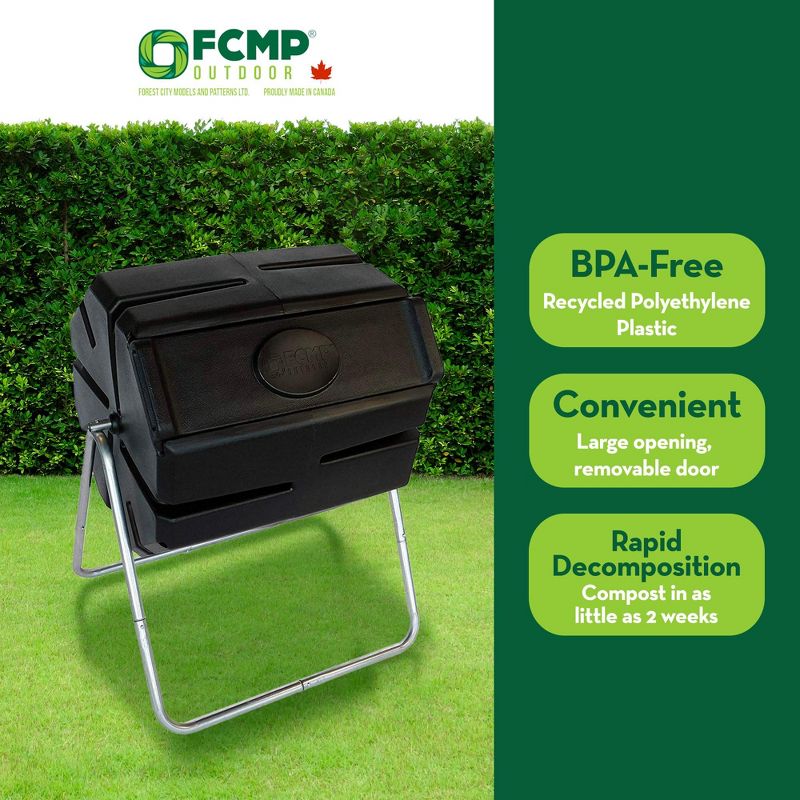 FCMP Outdoor 37 Gallon 1 Piece Plastic Single Chamber Roto Tumbling Composter Outdoor Elevated Rotating Garden Compost Bin, Black, 4 of 8