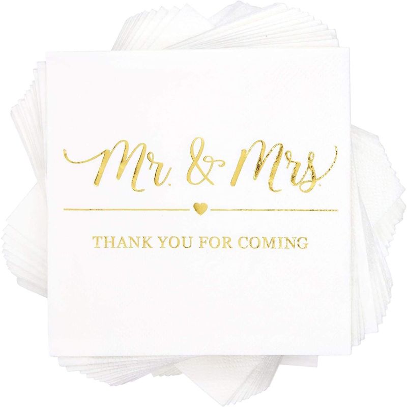 Sparkle and Bash 100x Mr Mrs Gold Foil Disposable Cocktail Napkins for Weddings Party, white 5 inch, 3 Ply, 3 of 7