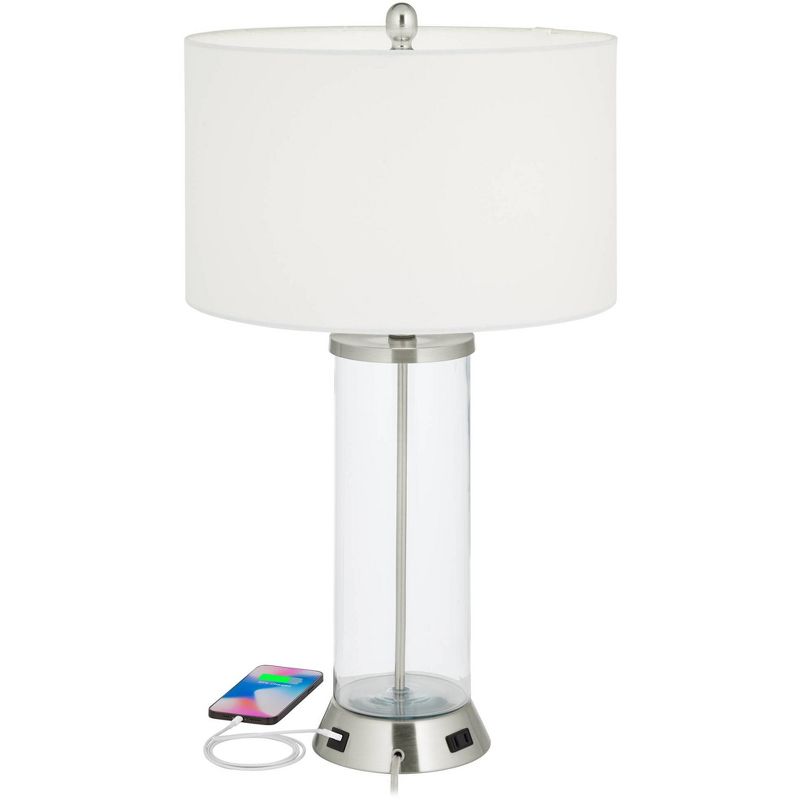 360 Lighting Watkin Modern Table Lamps Set of 2 with Round Risers 28 1/2" Tall Clear Glass USB and AC Power Outlets in Base White Drum Shade for Home, 2 of 10