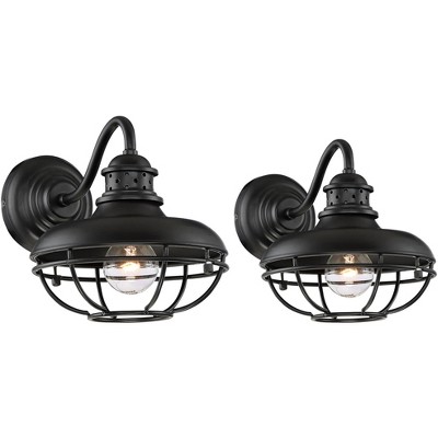 Franklin Iron Works Vintage Industrial Outdoor Barn Wall Light Fixtures Set of 2 Black Iron 9" Gooseneck Arm Glass Exterior House