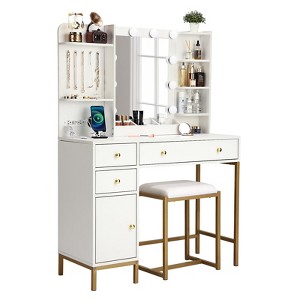 White Vanity Desk Set with Stool Mirror Lights 3 Color Lighting Dressing Table Makeup Station Charging Ports Large Beauty Desk - 1 of 4