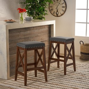 Bar Stools Set Of 2, Modern Accent Nailhead Trim Upholstered Bar Stools With Fabric Saddle Seat, Counter Height Bar Stools - 1 of 4