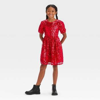 Girls' Short Puff Sleeve Sequin Dress - Cat & Jack™ Red