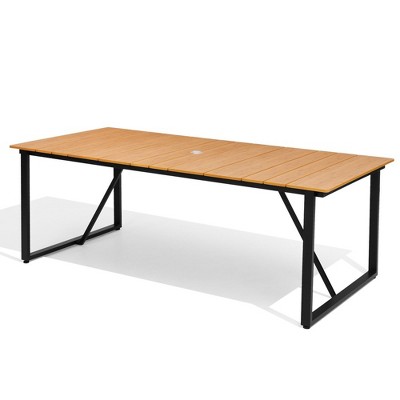 Crestlive Products Outdoor Dining Table 82.7 inch Patio Dining Table with Wooden-Like Top and Aluminum Frame, Rectangular Table with Umbrella Hole