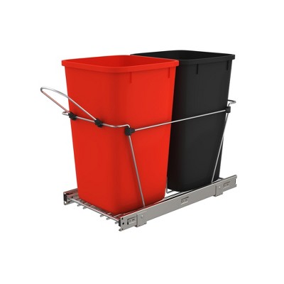 Rev-A-Shelf RV-15KD-1618C-S Double 27 Quart Sliding Pull Out Waste Containers Garbage Trash Recycling Bins for Kitchen Cabinets, Red and Black