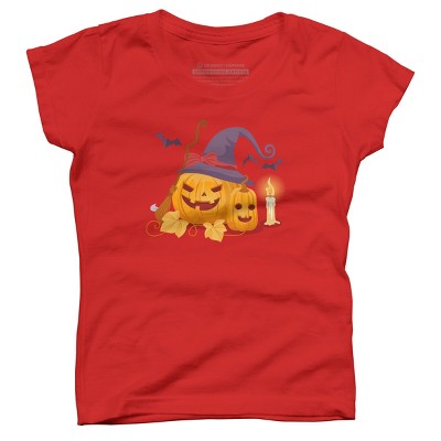Girl's Design By Humans Halloween Witch Pumpkins With Bats By VectorVillain T-Shirt