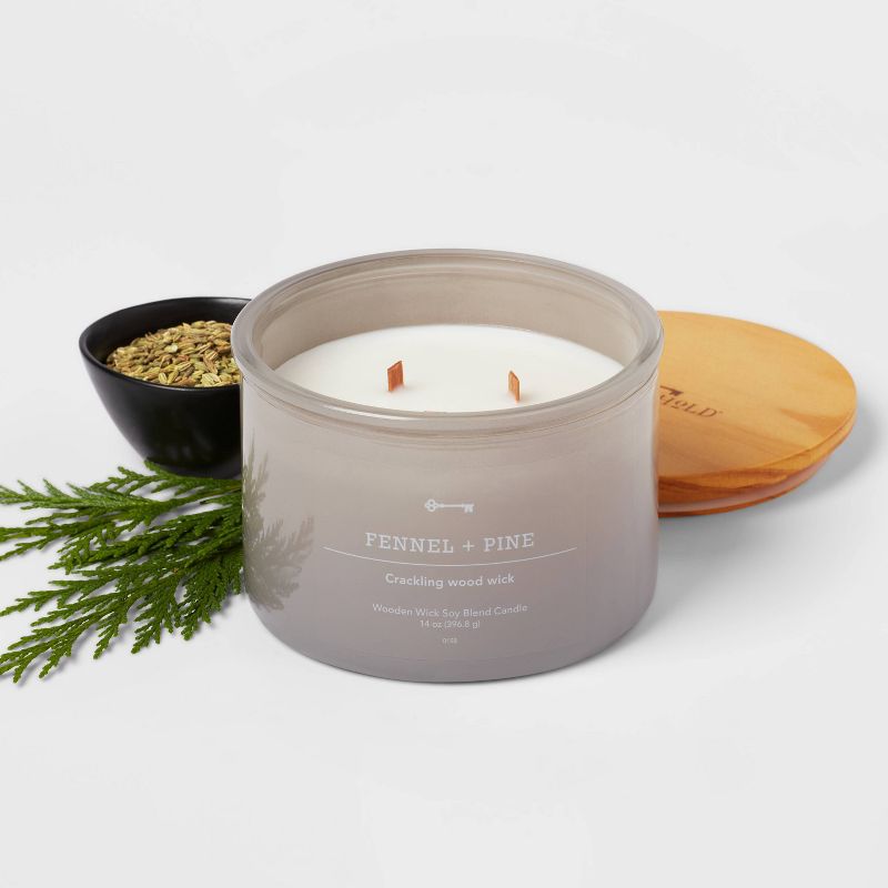 14oz Lidded Gray Glass Jar Crackling Wooden 3-Wick Candle with Clear Label Femmel + Pine - Threshold&#8482;, 4 of 5