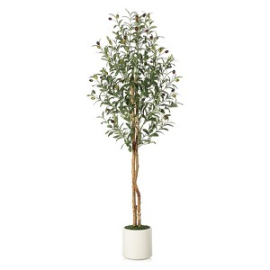 homfan Artificial Olive Tree with White Pot, Faux Floor Plants with Natural Wood Trunk & Fruits, Fake Olive Trees for Indoor Home Decor - 1 of 4