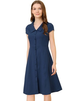 Allegra K Women's Short Sleeve Cotton Work Collar Midi Button Down A Line Dresses