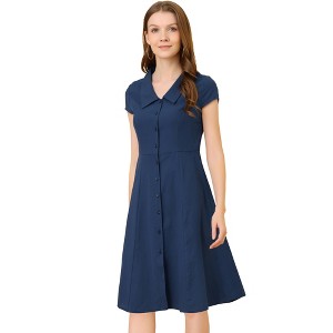 Allegra K Women's Short Sleeve Cotton Work Collar Midi Button Down A Line Dresses - 1 of 4