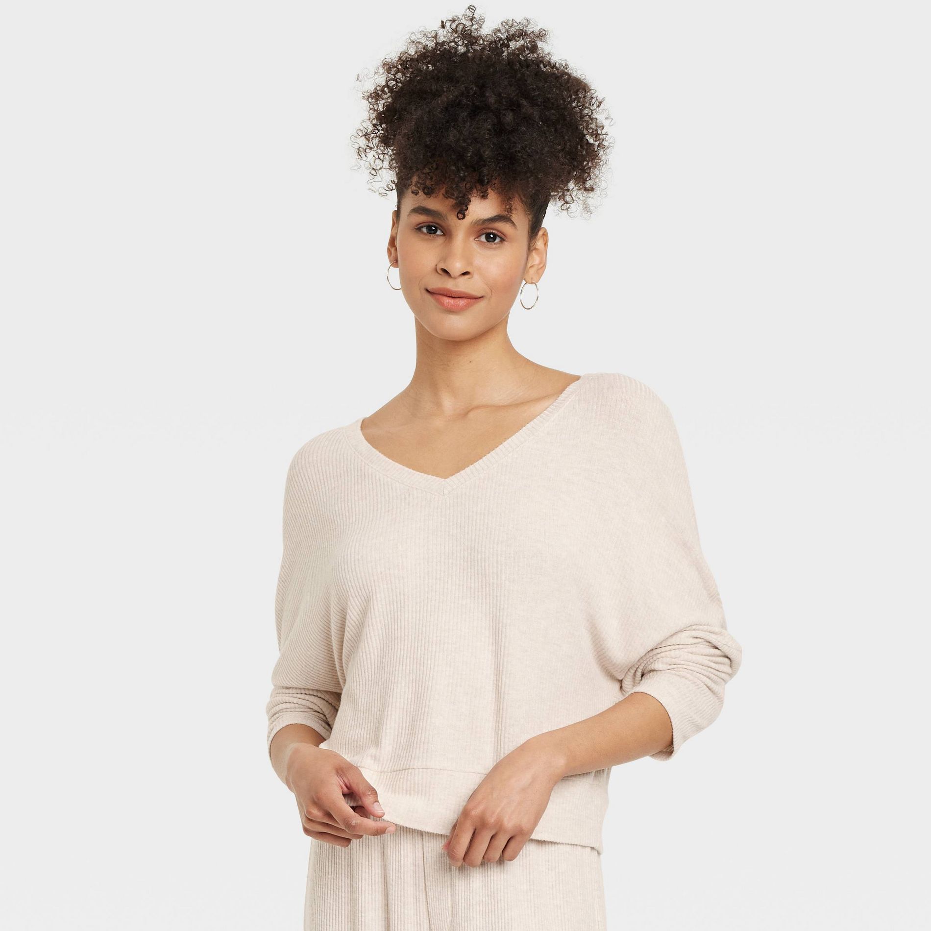 Women's Cozy Ribbed Pullover - Auden™ Oatmeal M: Relaxed Fit, V Neck, Dolman Sleeve, Midweight Fabric