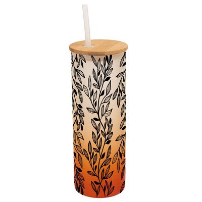 Elanze Designs Elegant Forest Floral Vine Leaf Wrap-Around Design 25 Ounce Frosted Gradient Glass On-The-Go Coffee Travel Skinny Tumbler Mug Cup,