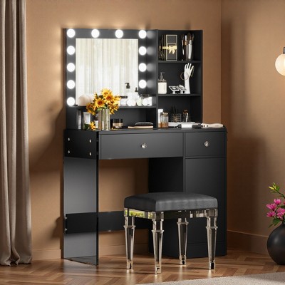 FONTOI 35.4"W Vanity Desk with Mirror Glass Top Two Drawers Cabinet and Storage Shelves for Bedroom Dressing Room, Black, 35.4"*15.7"*53.9"